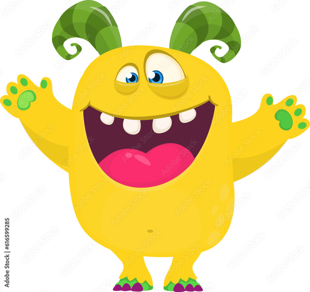 Obraz premium Happy cartoon monster waving hands. Halloween vector illustration. Great for package or party decoration