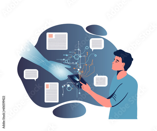 AI model and human man interaction. Robotic cyborg hand with scheme and person chatting via internet on mobile device. Chat bot artifical intellect decign