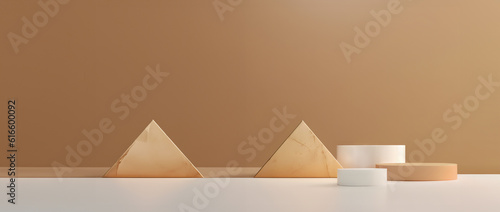 Fototapeta Naklejka Na Ścianę i Meble -  Abstract minimal concept. Pastel triangle triangular background with podium, abstract geometric landscape. Mock up template for product presentation. 3D rendering. copy text space