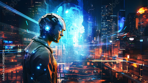 Cyborg man in night cyberpunk city. Futuristic man with huge buildings and neon lighting. Future technology concept with cyborg. Generative ai