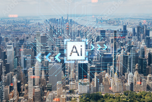 Aerial panoramic helicopter city view of Midtown Manhattan neighborhoods and Central Park  New York  USA. Artificial Intelligence concept  hologram. AI  machine learning  neural network  robotics