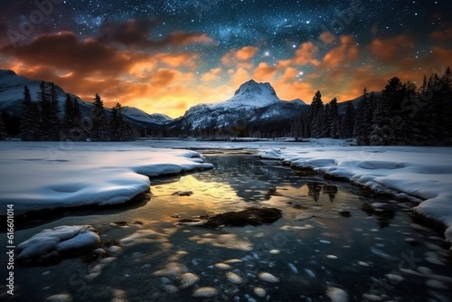 Beautiful winter landscape with mountain river and starry sky at night.Generative Ai © Rudsaphon