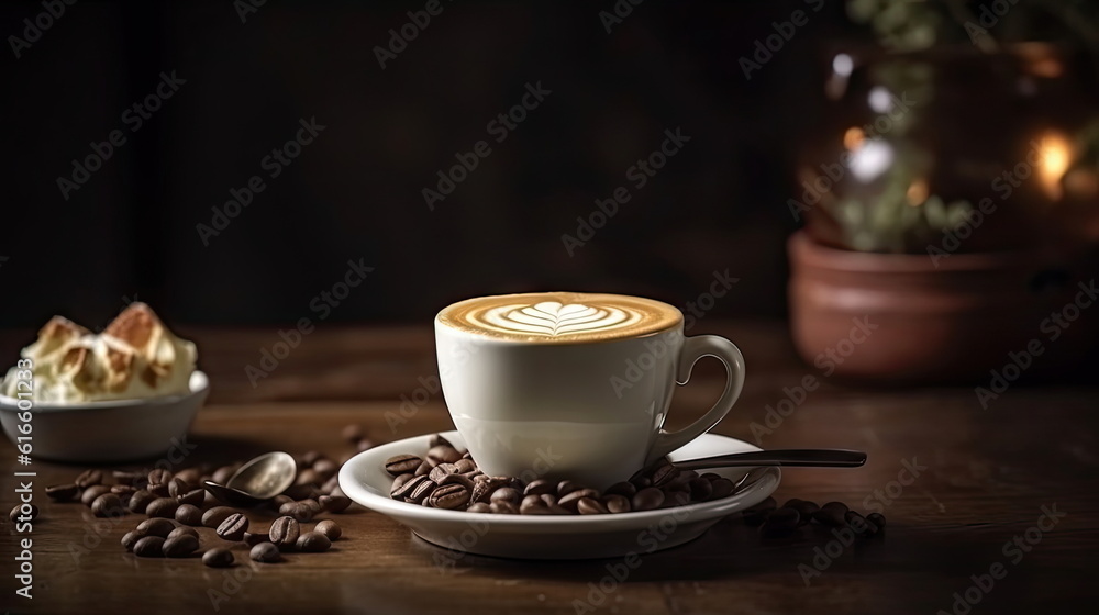 hot latte coffee with coffee beans on wood table hot latte coffee with coffee beans on wood table