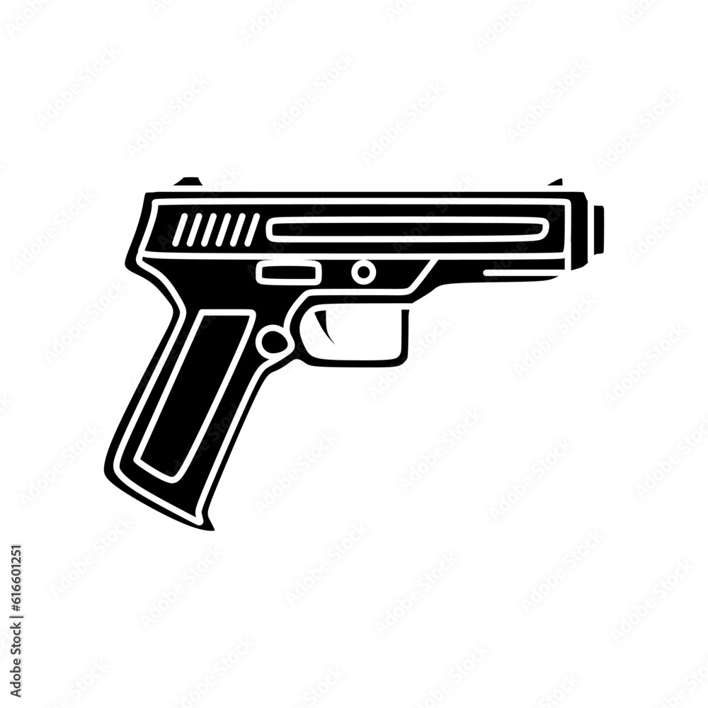 Pistol icon in black fill mode. Vector illustration of shooting sport equipment in trendy style. Editable graphic resources for many purposes.