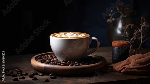 hot latte coffee with coffee beans on wood table
