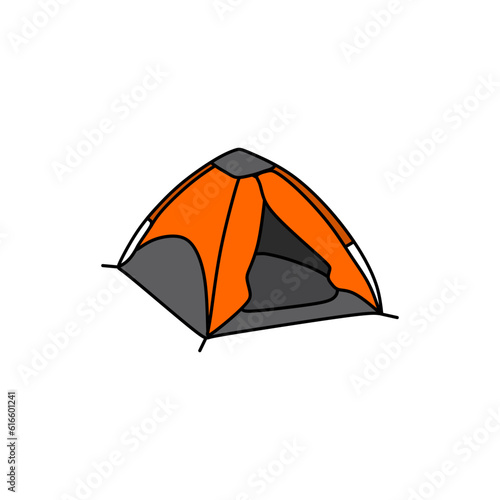 Camping tent or dome tent icon in lineal color mode with orange and grey color fill. Vector illustration of summer camping equipment in trendy style. Editable graphic resources for many purposes.