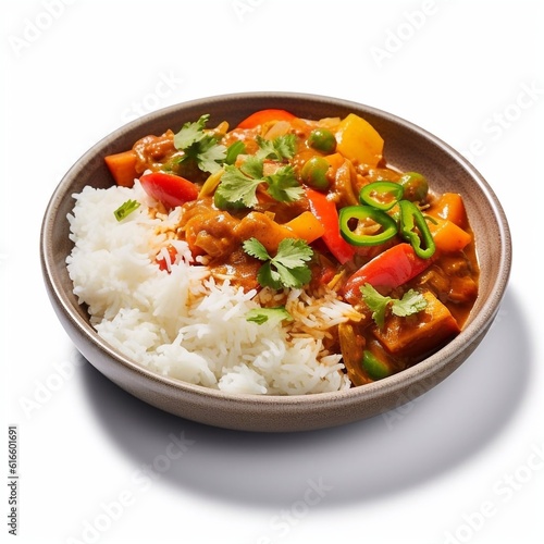 rice with vegetables and chicken isolated on the white background generative AI