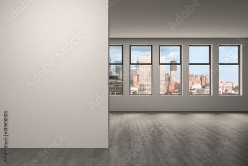 Downtown Philadelphia City Skyline Buildings from High Rise Window. Beautiful Expensive Real Estate overlooking. Empty room Interior. Mockup wall. Skyscrapers Cityscape. Day. Penn. 3d rendering.