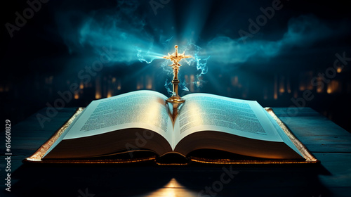 Open book with glowing cross on dark blue background