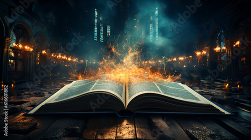 Open book with a glowing cross on dark blue background