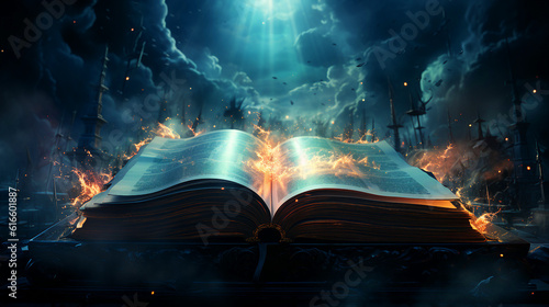 Open book with a glowing cross on dark blue background
