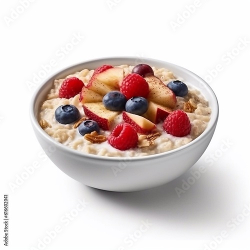 muesli with berries and milk isolated on the white background generative AI