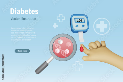 Diabetes blood test. Patient hand use glucometer measures glucose sugar level in blood. 3D cartoon character.