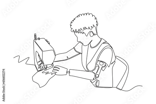 Single one line drawing Disabled person concept working in workplace. Continuous line draw design graphic vector illustration.
