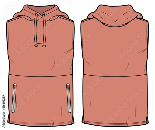 Sleeveless bicep sweat Hoodie jacket design flat sketch Illustration vector template, Hooded sweater tank top jacket technical drawing with front and back view