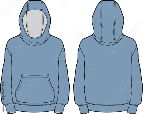 Long sleeve Hoodie jacket design flat sketch Illustration, Hooded sweater jacket with front and back view, winter jacket for Men and women. for hiker, outerwear and workout in winter