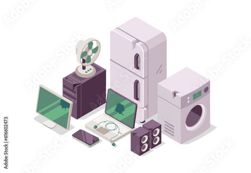 E-waste electronic equipment pile. Waste management concept. Isometric view. Vector