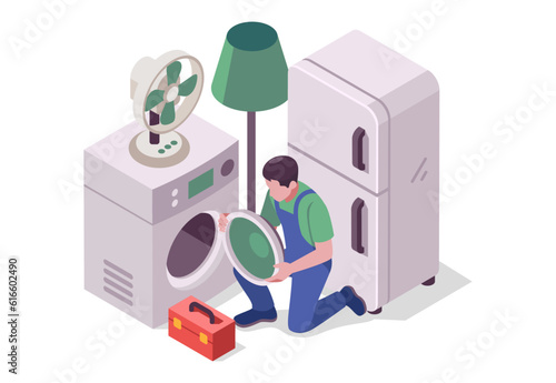 Isometric household appliances repair concept. Repair support service