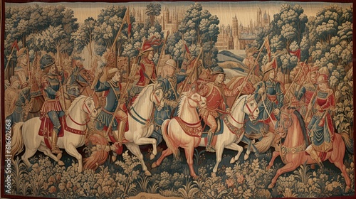 A medieval tapestry depicting a scene of knights engage