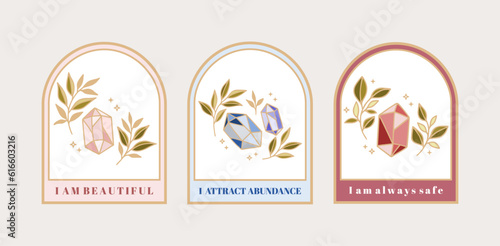 Magical crystal gemstones, leaves, florals, and frames for manifestation journal decor, sticker, logo, label with affirmations and quotes