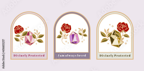 Magical crystal gemstones, rose flower, leaves, florals, and frames for manifestation journal decor, sticker, logo, label with affirmations and quotes
