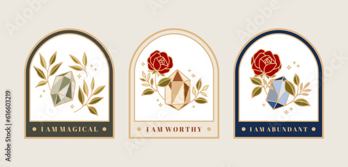 Magical crystal gemstones, rose flower, leaves, florals, and frames for manifestation journal decor, sticker, logo, label with affirmations and quotes