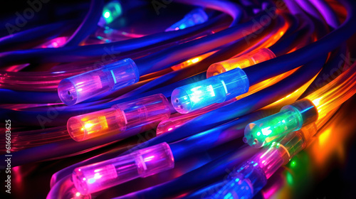 Techno-Spectrum: Colored Electric Cables, LED, and Optical Fiber Unleash Intense Colors for Technology and Business. Generative AI