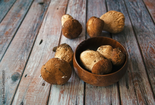 Mushroom Boletus over wooden background. Mushrooms in wooden bowl