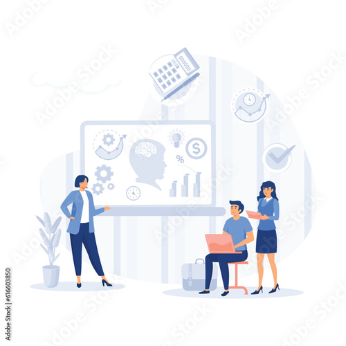 People and clipboard with financial document. Accounting  business plan, flat modern vector illustration