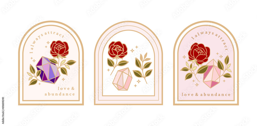 Magical crystal gemstones, rose flower, leaves, florals, and frames for manifestation journal decor, sticker, logo, label with affirmations and quotes Magical crystal gemstones, rose flower, leaves, florals, and frames for manifestation journal decor, sticker, logo, label with affirmations and quotes