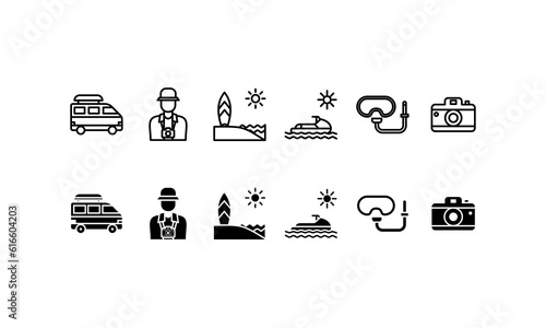 Holiday icon set. Vector illustration with the concept of rest in an exotic place and on the sea coast. outline and black fill style