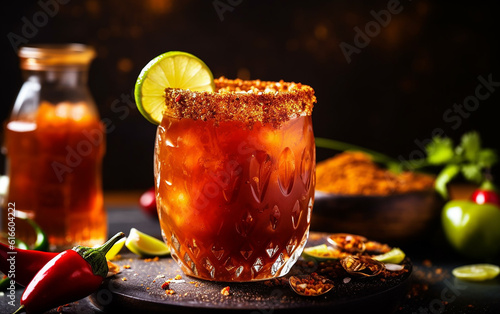 Michelagua or michelada glass with a slice of lime on the top. Mexican cold summer drink and beverage