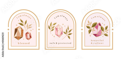 Magical crystal gemstones, leaves, florals, and frames for manifestation journal decor, sticker, logo, label with affirmations and quotes