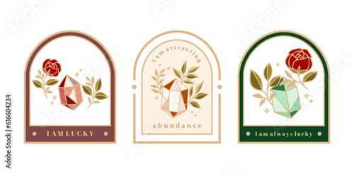 Magical crystal gemstones, rose flower, leaves, florals, and frames for manifestation journal decor, sticker, logo, label with affirmations and quotes