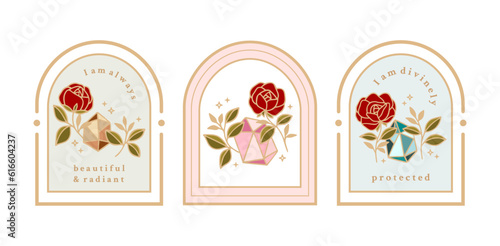 Magical crystal gemstones, rose flower, leaves, florals, and frames for manifestation journal decor, sticker, logo, label with affirmations and quotes
