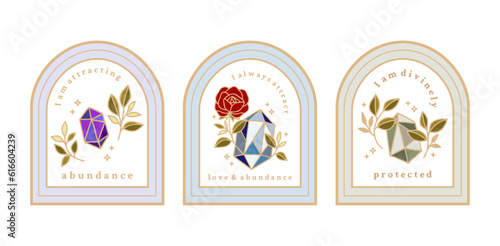Magical crystal gemstones, rose flower, leaves, florals, and frames for manifestation journal decor, sticker, logo, label with affirmations and quotes