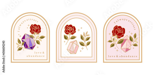 Magical crystal gemstones, rose flower, leaves, florals, and frames for manifestation journal decor, sticker, logo, label with affirmations and quotes