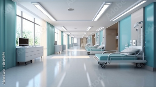 Empty corridor in modern hospital with waiting area and hospital bed in rooms