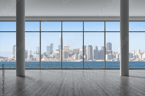 Empty room Interior Skyscrapers View Cityscape. Downtown San Francisco City Skyline Buildings from High Rise Window. Beautiful California Real Estate. Day time. 3d rendering. © VideoFlow
