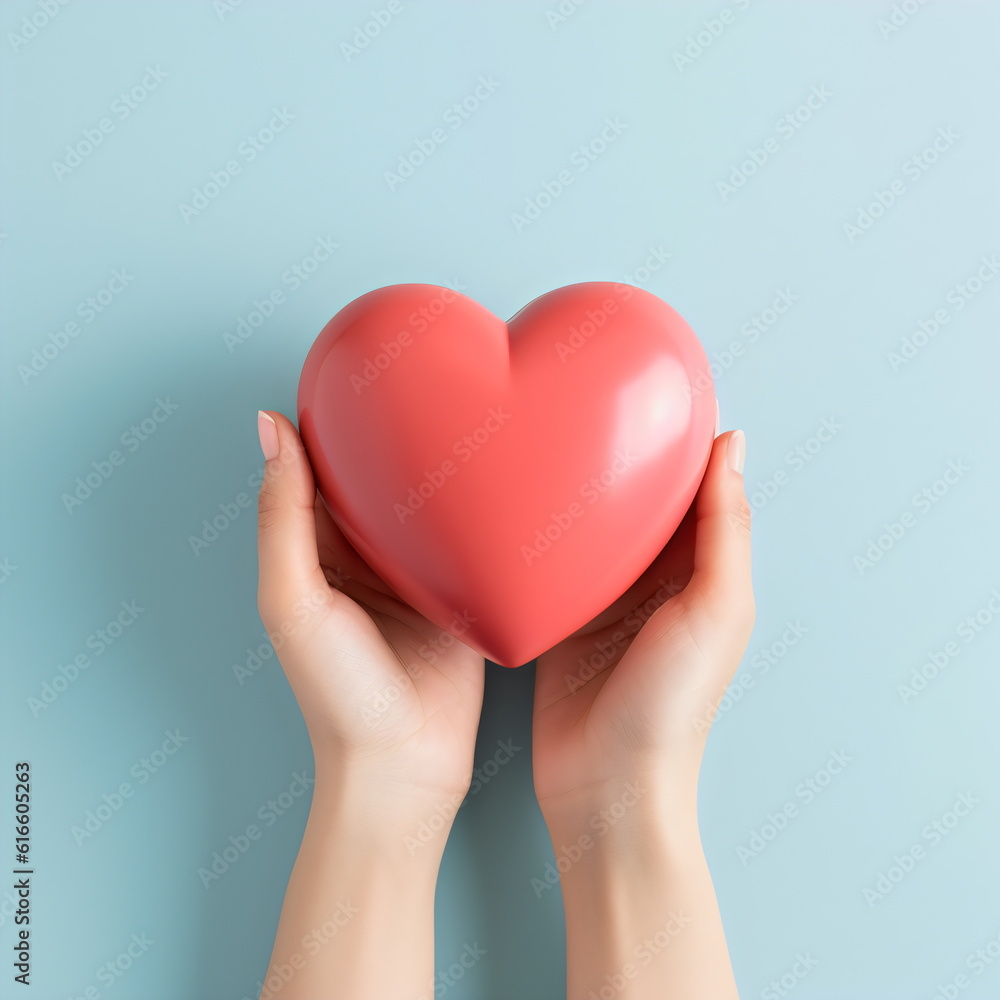 hands holding shiny red heart isolated on plain blue studio background, made with generative ai hands holding shiny red heart isolated on plain blue studio background, made with generative ai