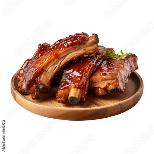 Grilled pork ribs on wood plate. isolated on white transparent background, ai generate photo