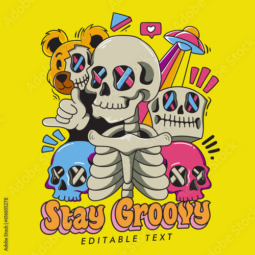 90s groovy skeleton with alien illustration