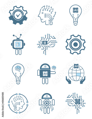 Groups of Twelve Artificial intelligence line icons, 12 AI for technology symbols concepts, and 12 cybernetic icons, ai, technology vector, illustration concept design