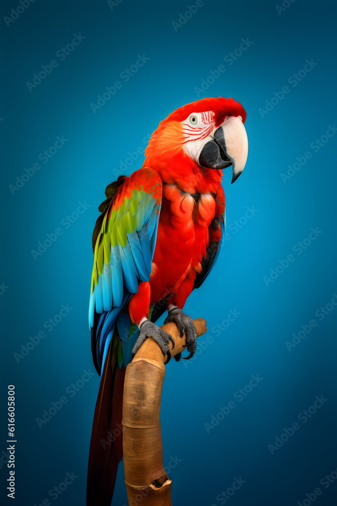 Fototapeta premium colorful red parrot on perch isolated on plain blue studio background made with generative ai