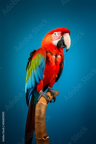 colorful red parrot on perch isolated on plain blue studio background made with generative ai