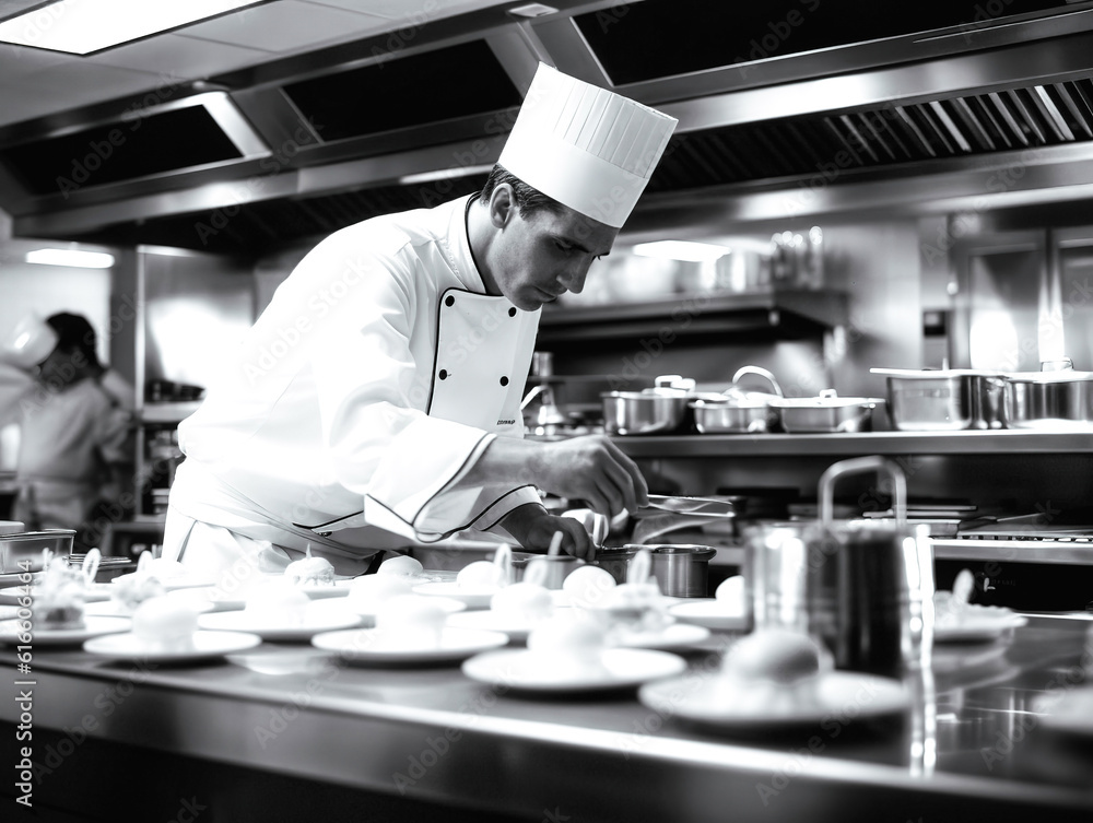 chef preparing food, chef cooking in a kitchen, chef at work, Black and White. Generative AI chef preparing food, chef cooking in a kitchen, chef at work, Black and White. Generative AI