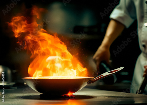 Chef cooking with flame in a frying pan on a kitchen stove, Chef in restaurant kitchen at stove with pan. Generative AI