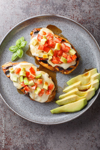 Grilled California Avocado Chicken topped with a mozzarella cheese and avocados, tomatoes, and basil closeup on the plate. Vertical top view from above