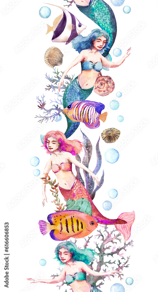 Watercolor mermaid girls in sea vertical seamless border. Seashells, corals, seaweeds, fishes and marine women repeated frame strip. Fantasy underwater card design