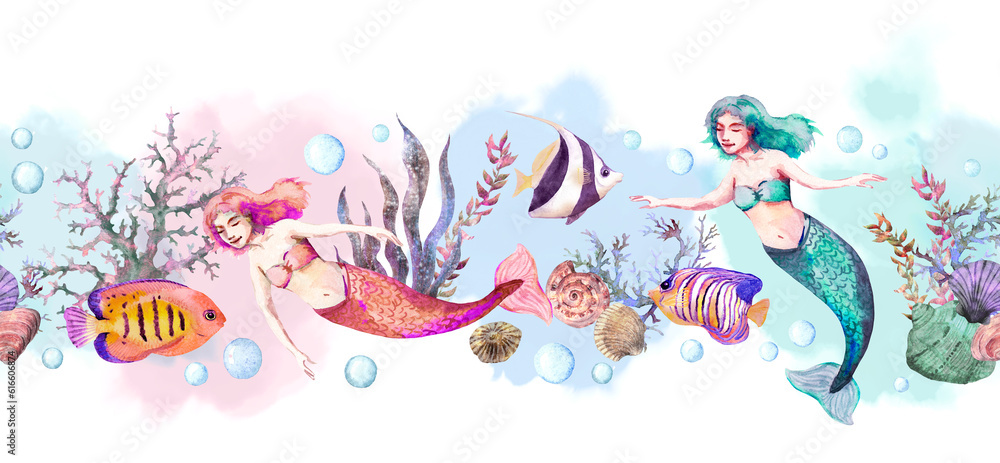 Mermaids in sea with shells, corals, seaweeds, fishes seamless border. Watercolor repeated frame stripe. Beautiful underwater world card design Mermaids in sea with shells, corals, seaweeds, fishes seamless border. Watercolor repeated frame stripe. Beautiful underwater world card design